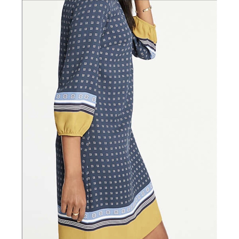 Ann Taylor Dress Size 0P Blue Shift Geo Floral  Print  Contrast Hem Career Women - Picture 15 of 15